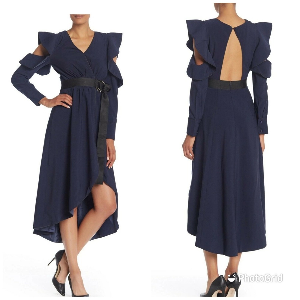 NWT Self-Portrait Asymmetric Wrap Dress Womens Navy Ruffle Cold Shoulder US 2